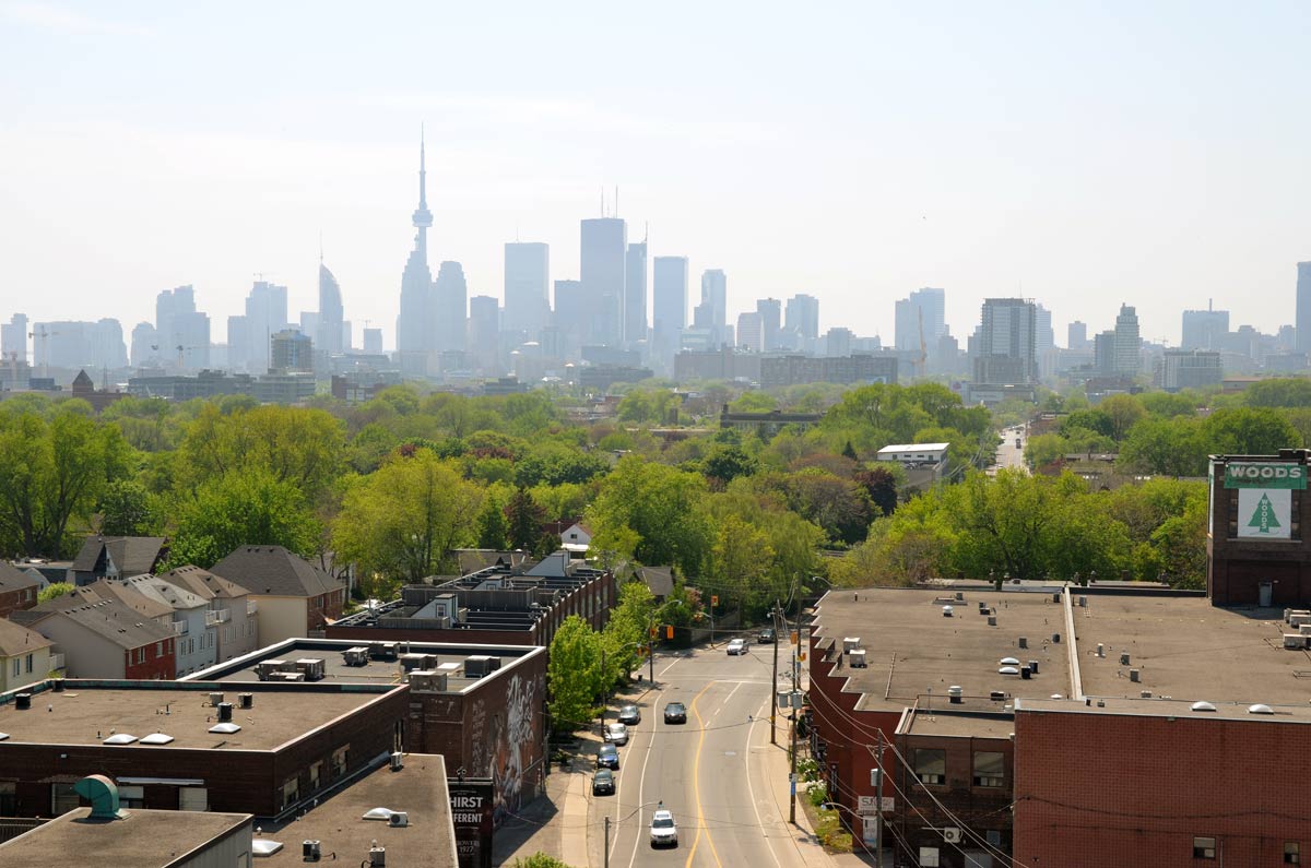 looking west from Dundas and Carlaw towards downtown.  The Toronto skyline is in the distance 