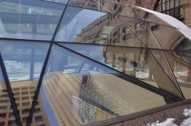 reflections in a slightly curved glass roof