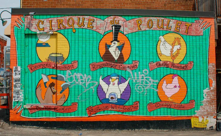 large mural on the side of a building entitled Cirque du Poulet