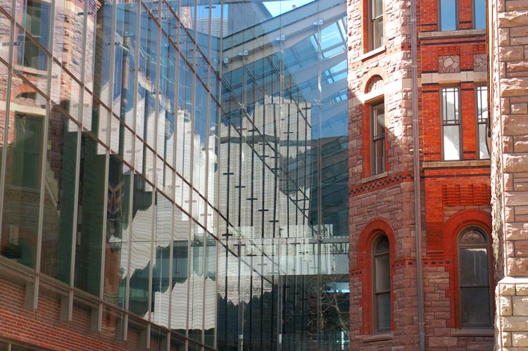 new glass addition beside the original red brick of the Royal Conservatory of Music. 