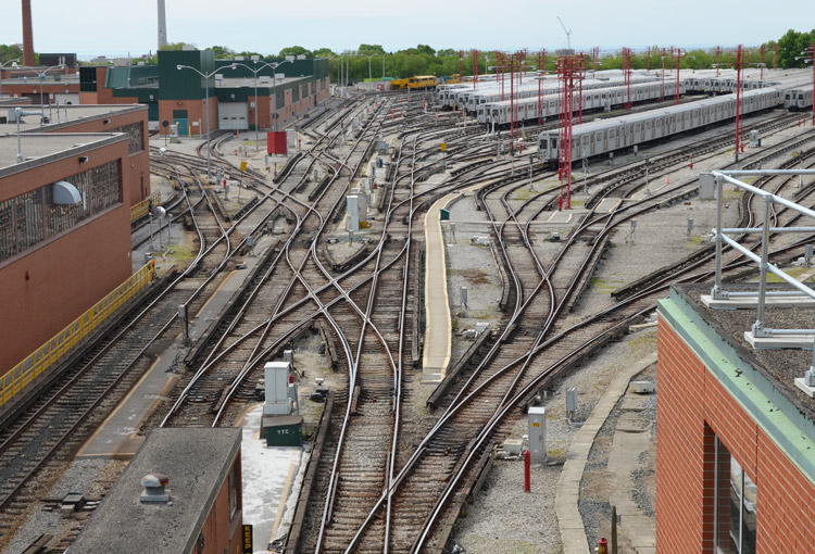 a view of the Greenwood Yard, where subway trains are parked and maintained