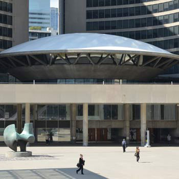 The front of Toronto City Hall including Henry Moore's sculpture titled the Archer
