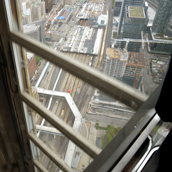 The view from the elevator that runs up the outside of the CN Tower, from near the top of the tower