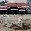 pink umbrellas of Sugar beach and the white beach chairs, in the winter